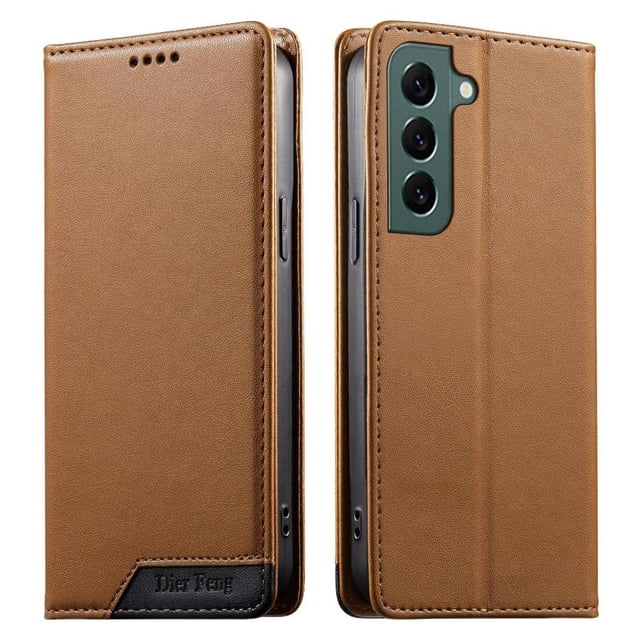 Funda Tipo Cartera de Cuero Sintético para Samsung Galaxy S22 Bloqueo RFID, con Ranuras para Tarjetas y Bolsillo para Efectivo, Cierre Magnético Fuerte Marrón