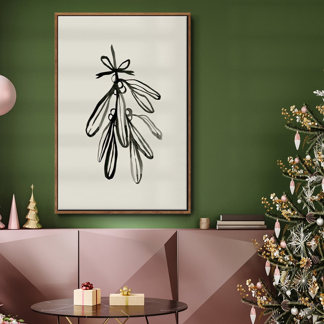 Mistletoe Sketch with Bows I - Framed Gallery Wrapped Holiday Canvas - 17 x 25 - Rosewood Frame