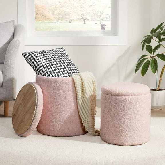 Boucle Round Ottoman with Storage Set of 2,Small Foot Stool Ottoman for Living Room, Small Coffee Table,Vanity Stool with Storage for Bedroom, Pink