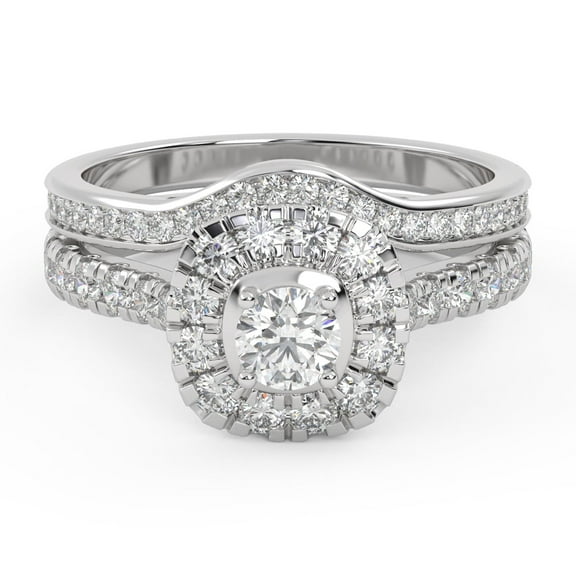 AFFY Half Eternity Halo Solitaire Bridal Set Ring for Women, 1.00 Carat (ctw) Round Cut Lab Grown Diamond Engagement Wedding Ring In 14K White Gold Over Sterling Silver F-G-H, SI Quality -4