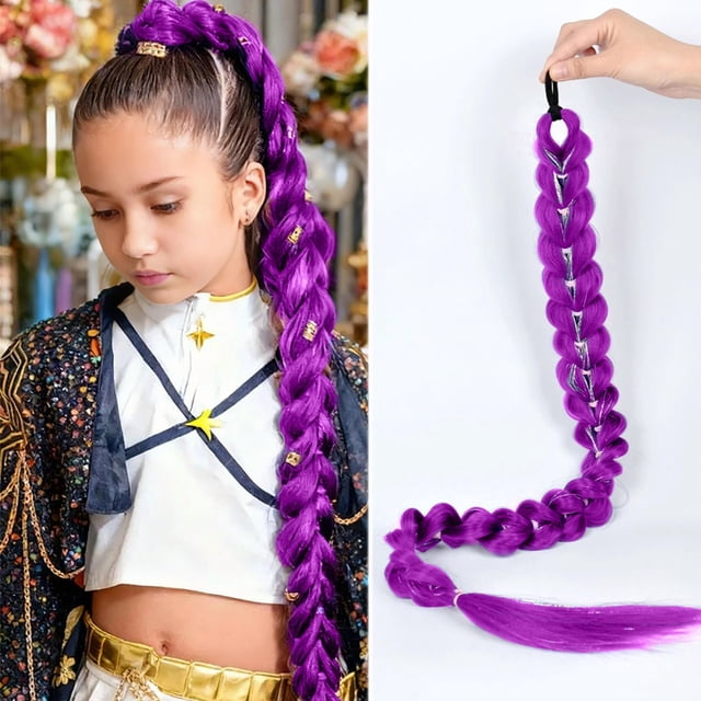 Peluca de anime cosplay del grupo de caza de brujas kpop púrpura con la misma diadema de hilo dorado peluca de cola de caballo trenzada