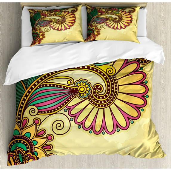 Grunge Duvet Cover Set King Size, Paisley Flower and Leaf Design with Ethnic Zen Floral Mandala Oriental Pattern Effects, Decorative 3 Piece Bedding Set with 2 Pillow Shams, Multi, by Ambesonne