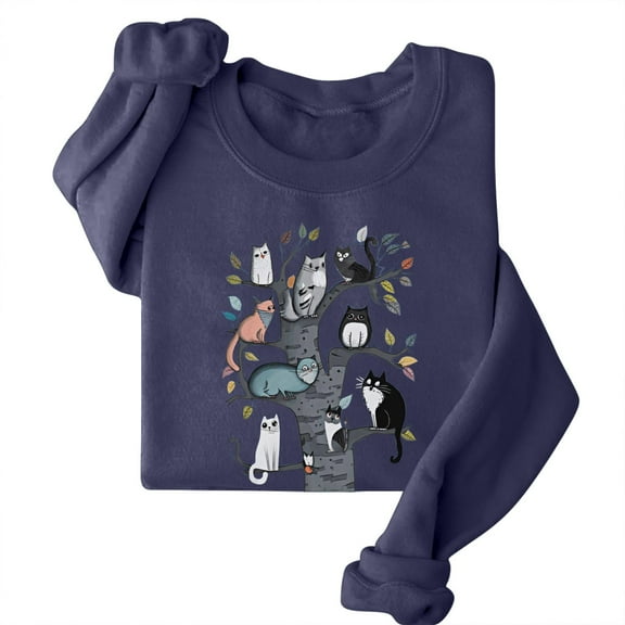 Baqcunre Lightweight Graphic Pullover Crewneck, Womens Sweatshirt Pullover Cute Cat Lover Graphic Print Sweatshirts Crewneck Casual Loose Shirts 1Pc Sweatshirt Navy L