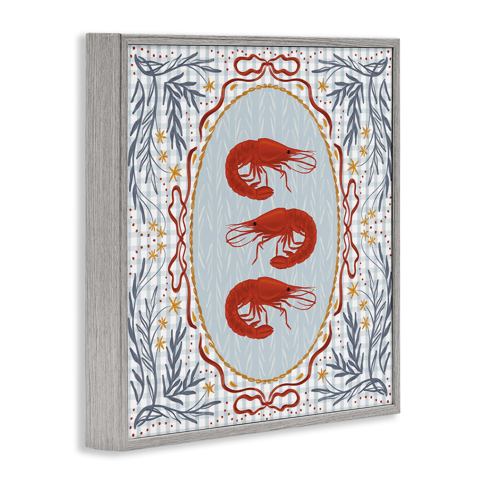 Stupell Industries Prawn Trio on Blue Gingham Gray Framed Giclee Art, design by Vero Illustrates