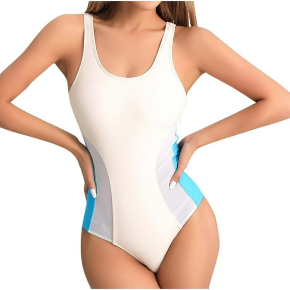 Bigersell Sporty One-Piece Swimsuits for Women Keyhole Back Athletic Swimsuits Mesh Round Neck Bathing Suit Summer Beach Vacations Swimwear White L