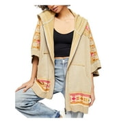 FREE PEOPLE Womens Beige Zippered 3/4 Sleeve Hooded Poncho Sweater Size: XS