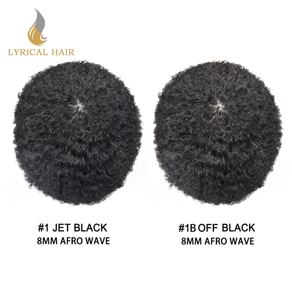 Lyricalhair Toupee for Men 8MM Kinky Curly Hairpieces for Man Brazilian Human Hair Replacement System Full PU Hair Units for African American Mens Wig Male Hair Prosthesis #1 Jet Black