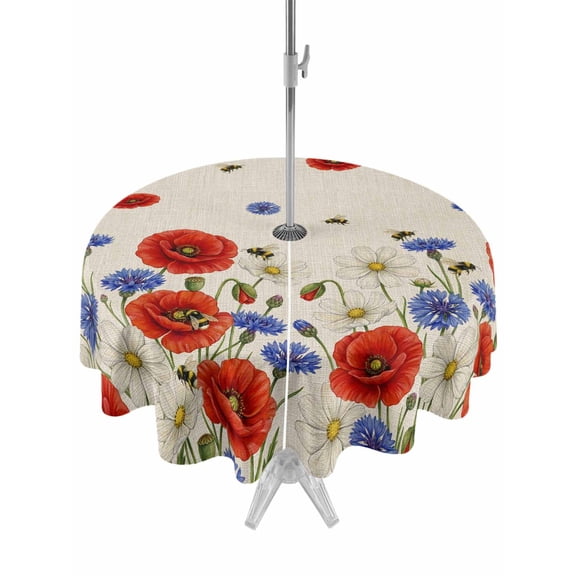 Outdoor Tablecloth with Umbrella Hole for Patio/Picnic/Party/Camping, Red Blue Poppy Floral Waterproof Table Cloth Round Cover Washable, Vintage Spring Flowers Linen (Dia 54")