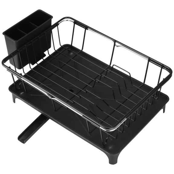 Expandable Dish Drying Rack, Stainless Steel Dish Rack for Kitchen Counter, Large Sink Drying Dish Drainer with Tray and Cutlery Holder, Black, Extendable 14 to 21 in