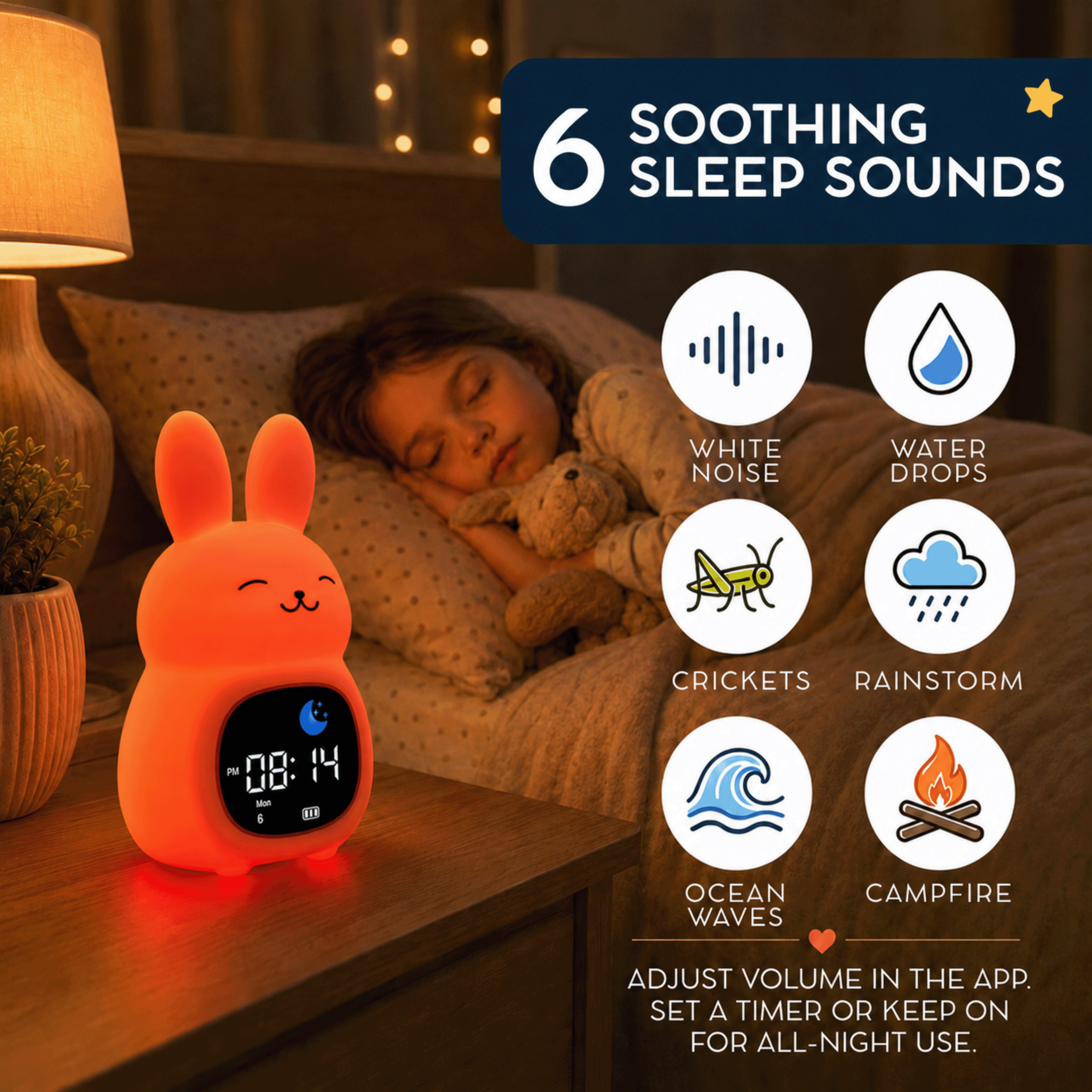 Bumble & Bright Kids Alarm Clock – App-Controlled Sleep Trainer with 8 Night-Light Colors, 6 Soothing Sounds & Backup Battery – USB-C Corded Bunny Clock for Boys & Girls