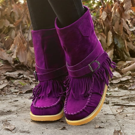 

Foraging dimple Boots for Women Shoes Winter and Autumn Leather Fringe Belt Buckle High Boots Purple