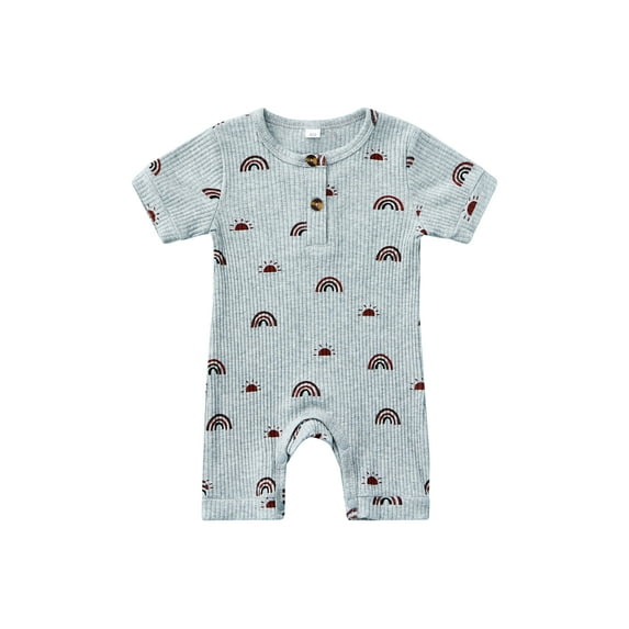 Franhais Baby Boy Girls Summer Jumpsuit Casual Button Round Neck Rainbow Print Toddler Short Sleeve Romper