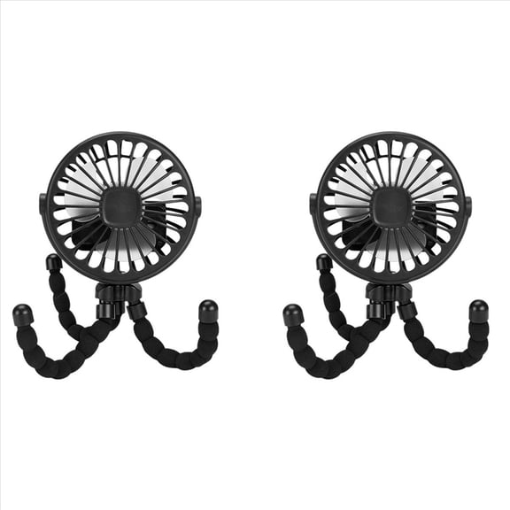 2X Black Portable USB Rechargeable Silent Mini Fan 3 Speed Adjustable with Lighting Function for Car Seat Stroller