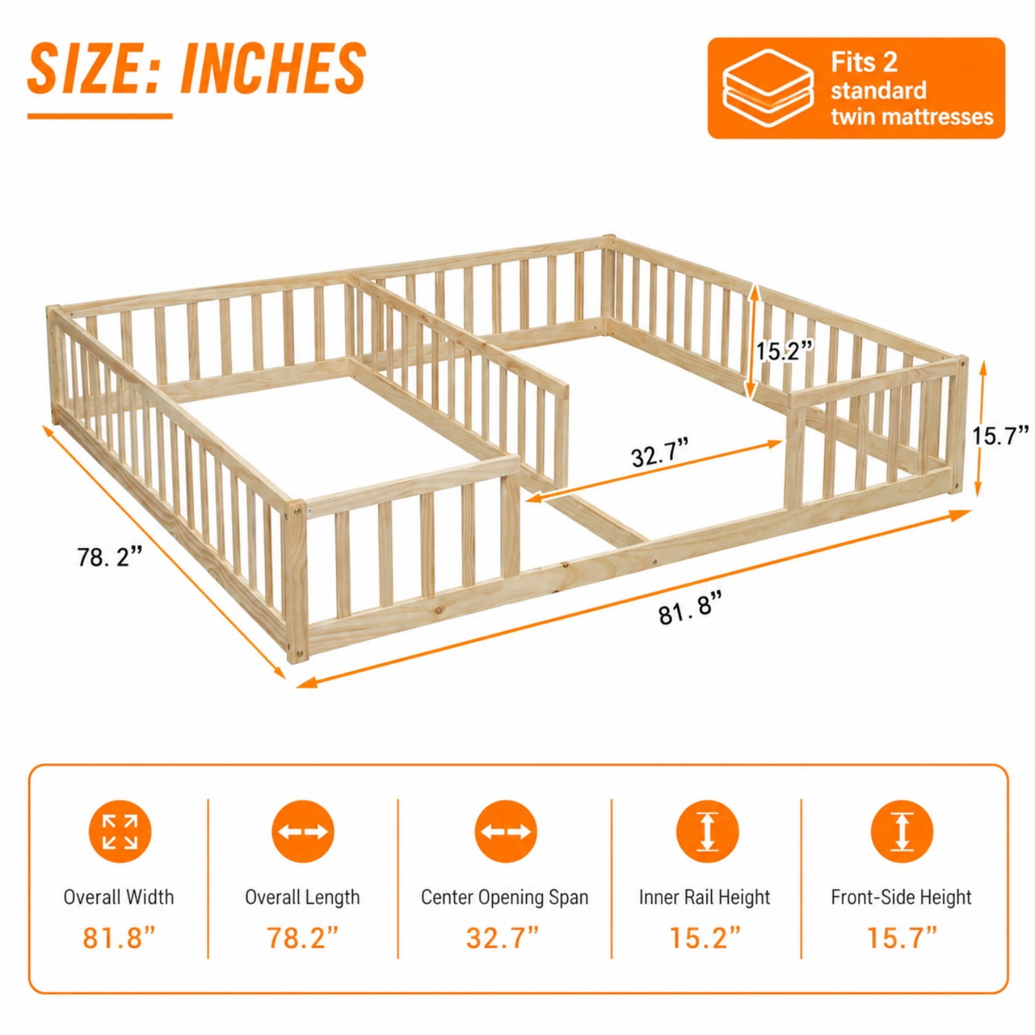 Miniyam Double Twin Floor Bed for Kids, Wood Bed Frame with Guardrails, Low Profile Design, Natural