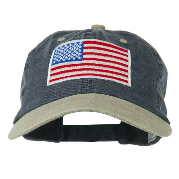 American Flag Embroidered Washed Two Tone Cap - Navy Khaki OSFM