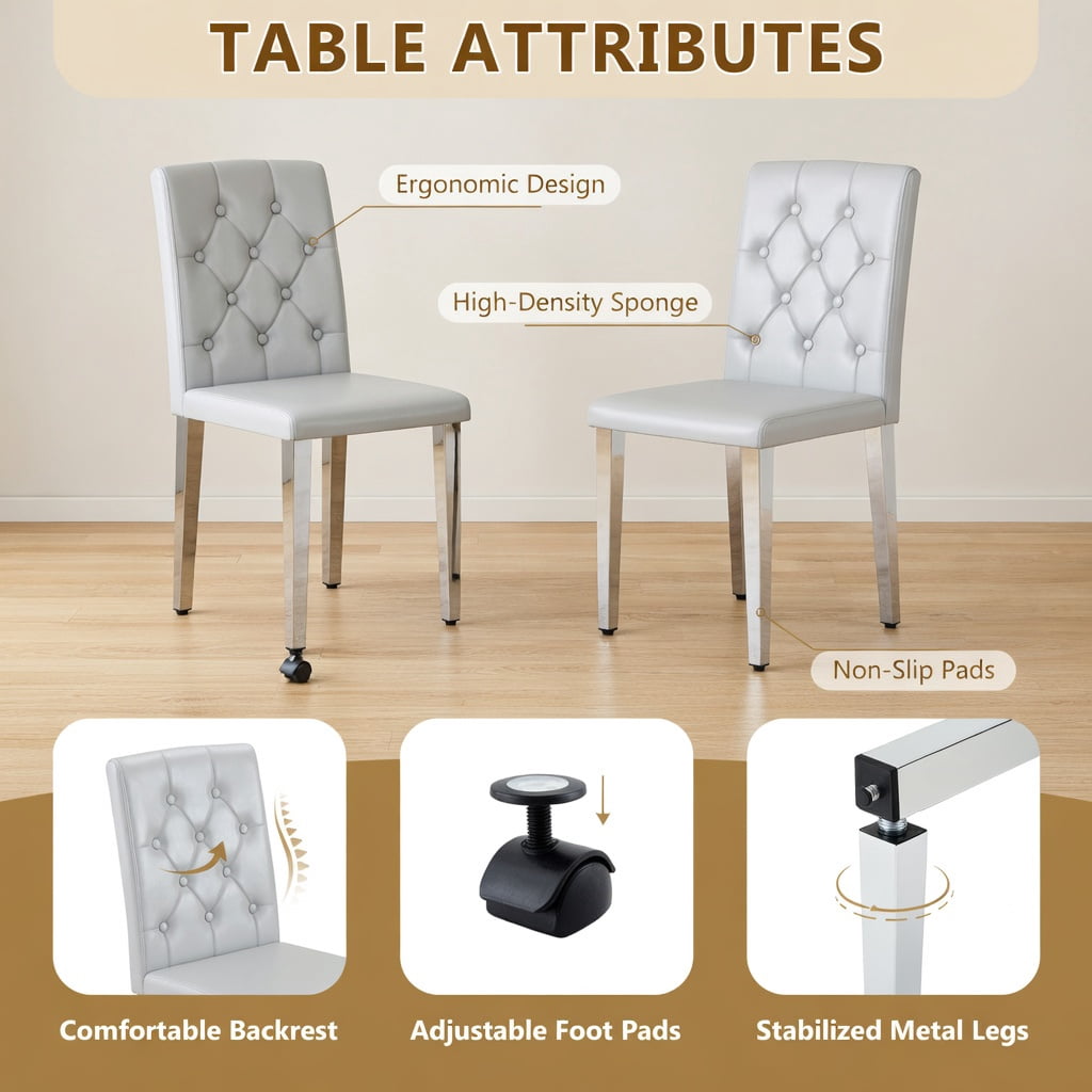 Hommoo 2-Pack PU Dining Chairs with Ergonomic Buckle Backrest, 35" Height, Modern Metal Frame, Easy-Clean Upholstery for Home & Commercial Use, Light Gray & Sliver