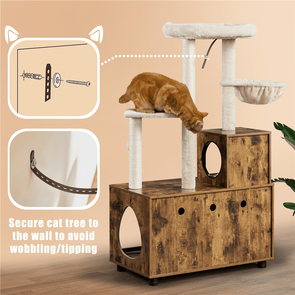 Renwick 53''  Wooden Litter Box Enclosure with Cat Tree Tower, Rustic Brown/Beige