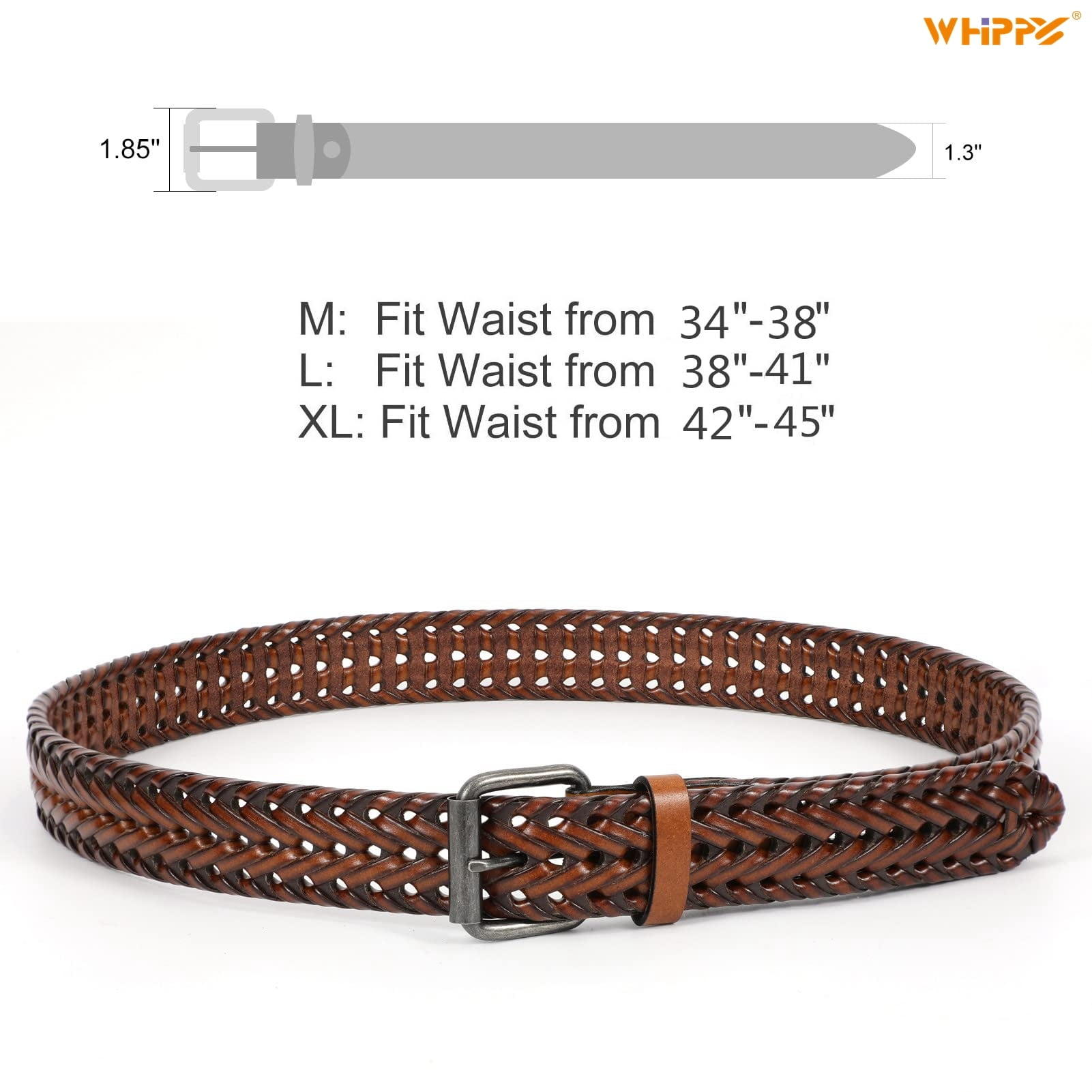 WHIPPY Men's Vintage Prong Buckle Braided Leather Belt