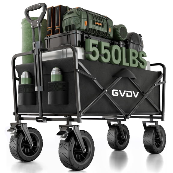 GVDV Collapsible Folding Wagon, 550LBS Large Heavy Duty Utility Cart with All-Terrain Wheels and Adjustable Handles for Shopping, Camping, Sports, Outdoor, Beach, Black