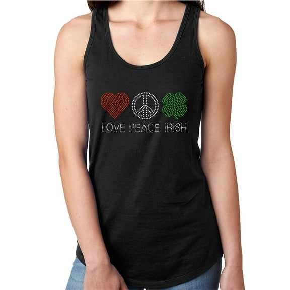 Womens T-Shirt Rhinestone Bling Black Tee Love Peace Irish Heart Tank Racer Back Medium