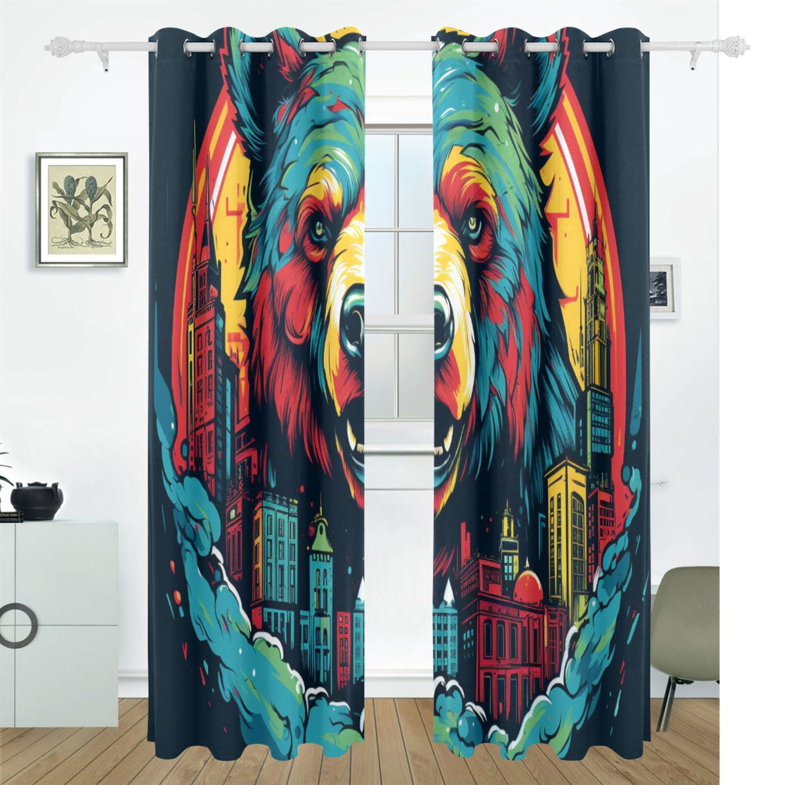 Bear Houses Black Out Curtains 72 Inch Length Curtains for Sliding Glass Doors Bedroom Living Room 2 Pack
