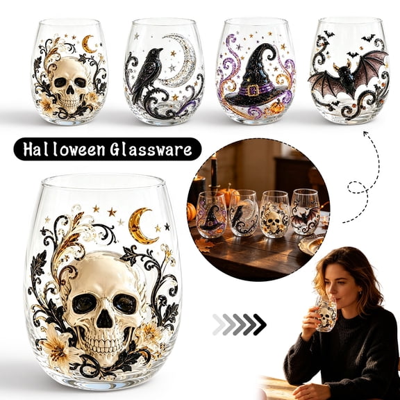 Stemless Glass, Halloween Indoor Decorations, Spooky Home Decor, Cocktail Tumbler, Decorative Skull Moon Glass for Parties, Daily Use, and Gothic Home Styling.