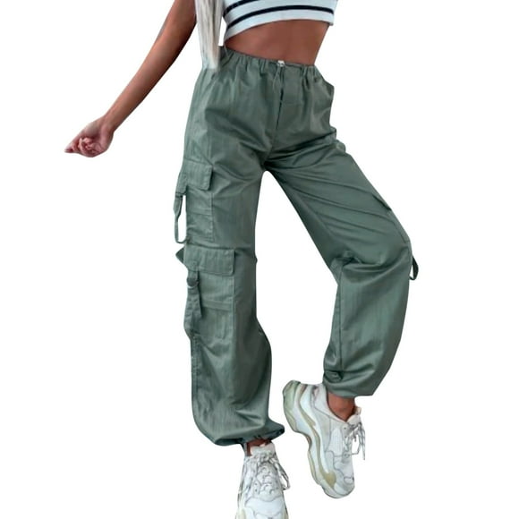 LUOGENLI Female Casual Pants Women's Loose Cargo Pants Retro Multi Pocket Low Waist Drawstring Pig Nose Buckle Slim Straight Woven Casual Pants Women Casual Pants Sets Outfits 2 Piece for Fall Green S