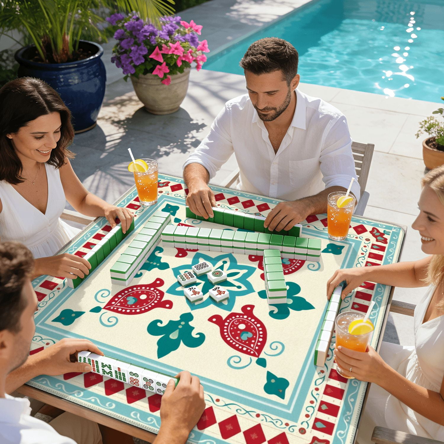 Mahjong Mat 31.5" x 31.5" Floral Geometric Red Teal Ornamental Motifs Decorative Borders Non-Slip Noise Reduction American Mahjong Tiles Table Cover for Dominoes Poker Card Board Games Gift