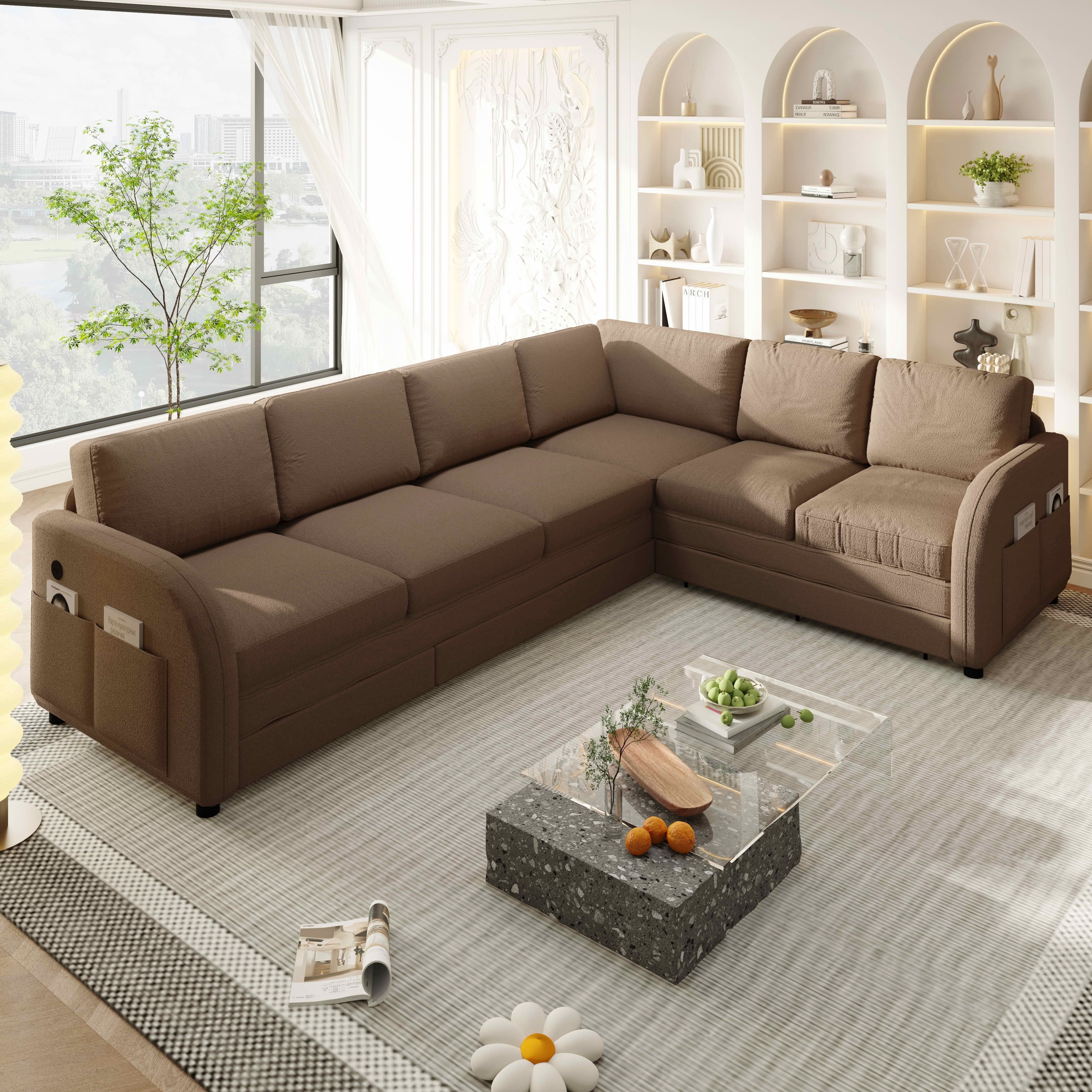 MAYEERTY 115.2" L‑Shaped Convertible Sleeper Sofa, Sherpa Fleece Sectional Couch with Pull‑Out Bed, Side Pocket & USB Port, Reversible Left/Right Chaise