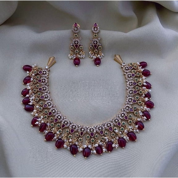 Ruby CZ Choker Necklace - Gold Plated Indian & Pakistani Jewelry, Cubic Zirconia Swarovski Kundan Jewelry with Crystal Rhinestones & Matching Earrings