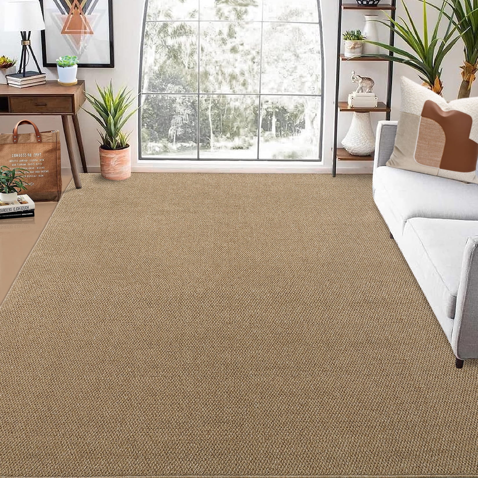 COZONY 5'x7' Washable Area Rug, Modern Textured Low-Pile Polypropylene Carpet, Stain Resistant Non-Slip Solid Accent Rug for Living Room Bedroom, Brown