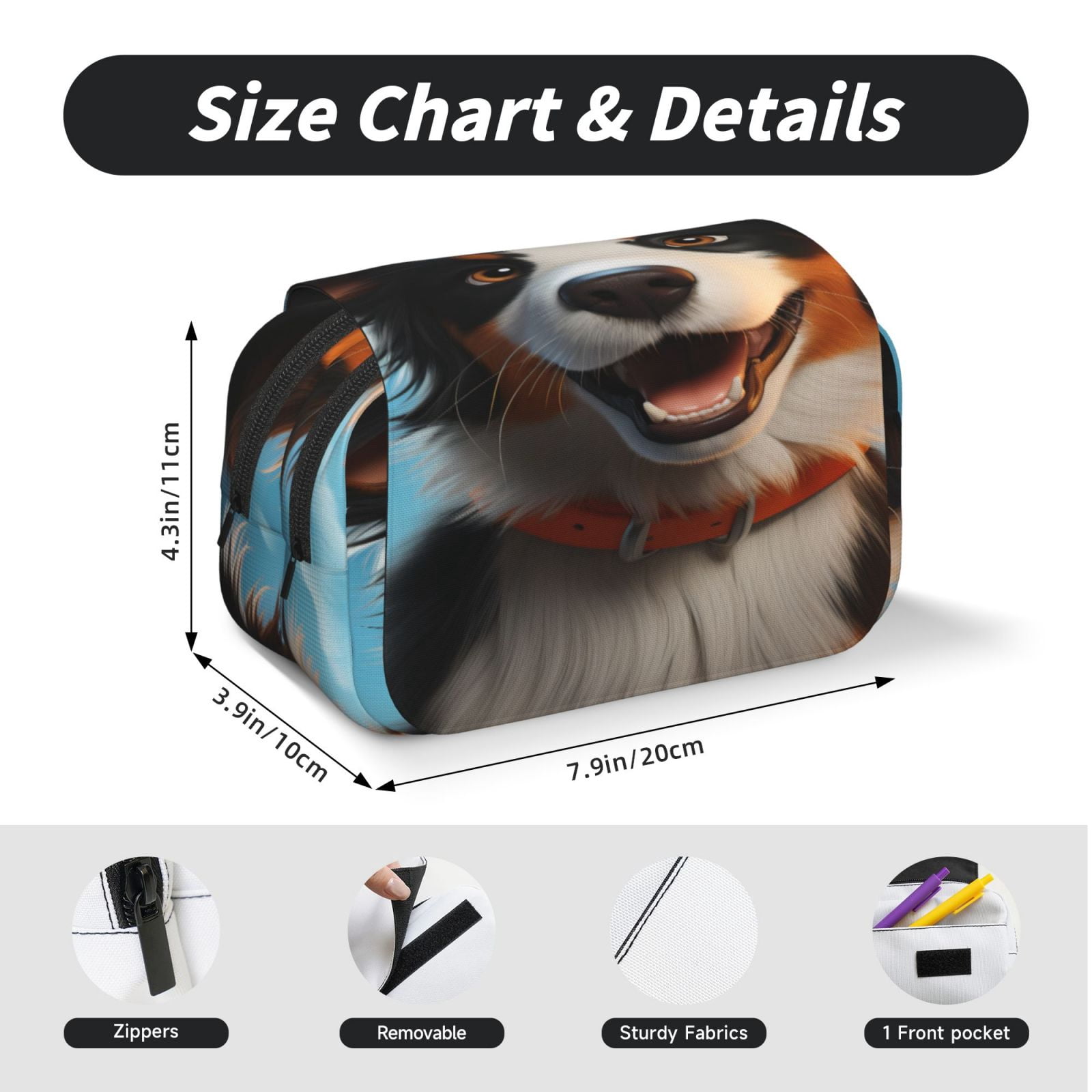 Rateoe Playful Smile Cute Dog Pattern Double Clamshell Pen Case, Storage Organizer with Two Zipper Compartments– Holds Up to 50 Pencils & Pens