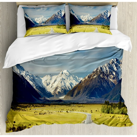 Mountain Duvet Cover Set, Landscape with Road and Snow Capped Mountains Southern Alps New Zealand, Decorative 3 Piece Bedding Set with 2 Pillow Shams, Queen Size, Navy Blue White Olive, by Ambesonne