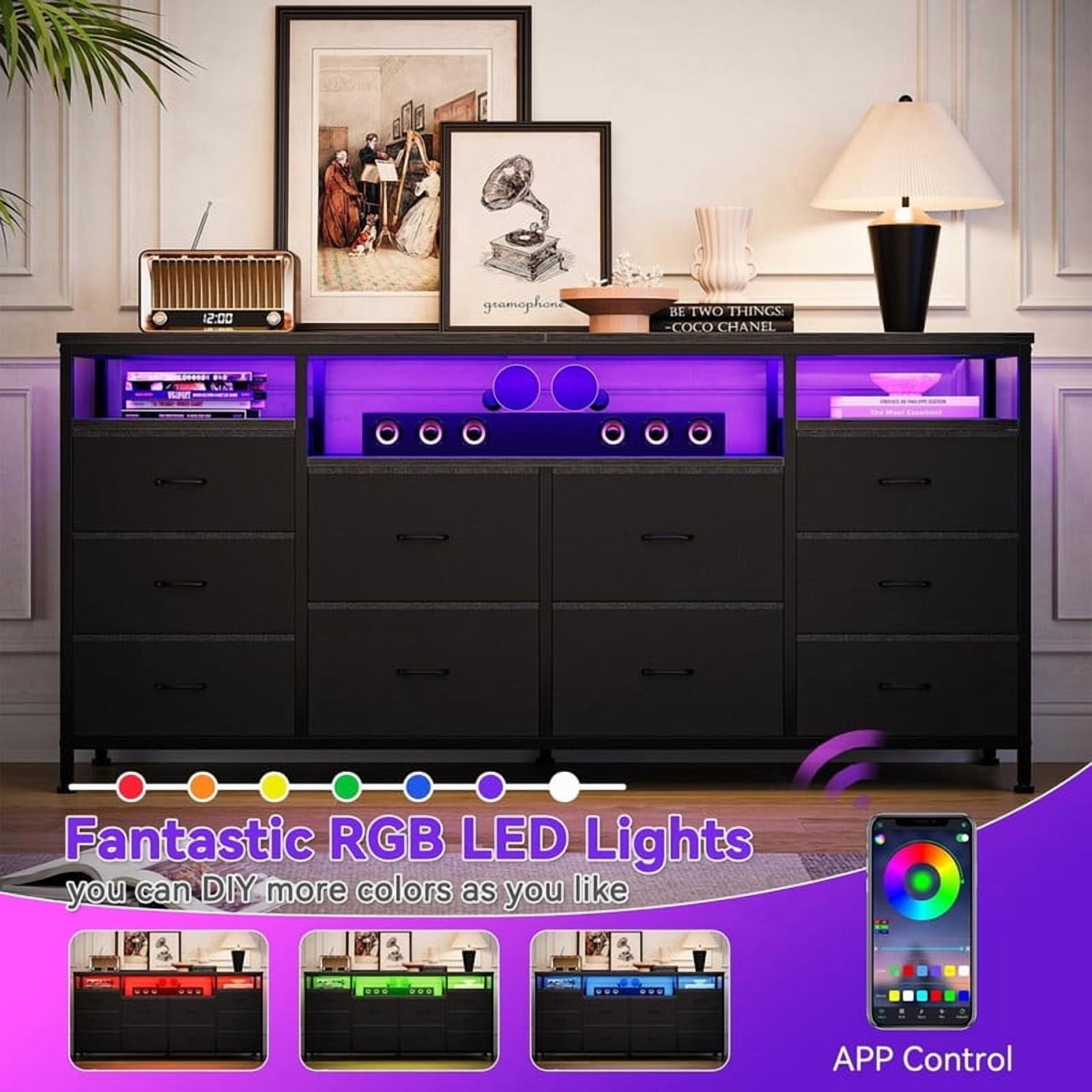 10 Drawer Dresser for Bedroom, 63.3 Inch TV Stand with LED & Power Outlets, Fabric Chest of Drawers for Closet, Living Room, Black