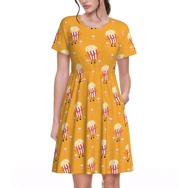 Disketp Cute Popcorn para Vestido de Manga Corta para Mujeres, Vestidos de Verano para Mujeres, Casual y Holgado para la Playa