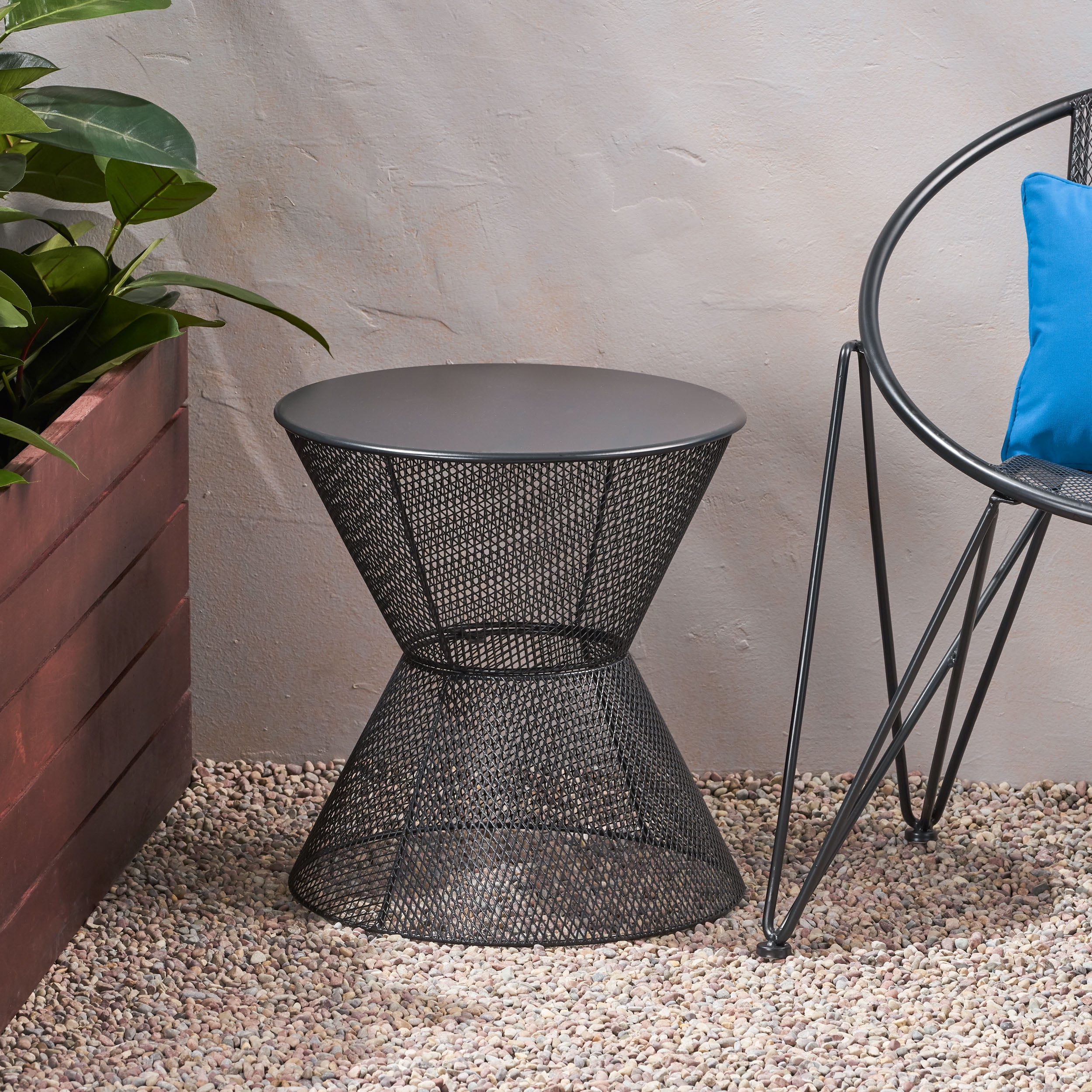 Outdoor Iron Hourglass Side Table, Accent End Table for Patio Garden, Black