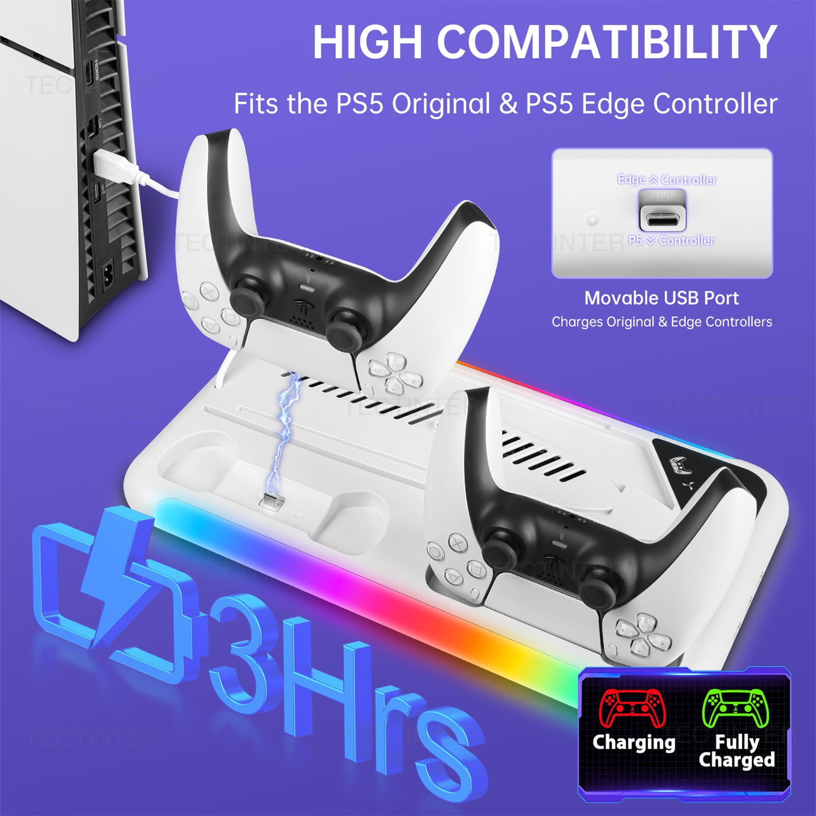 Cooling Station Stand Compatible with PS5/PS5 Slim Console Disc/Digital with Cooling Station and Controller Charging Station Dust Cover