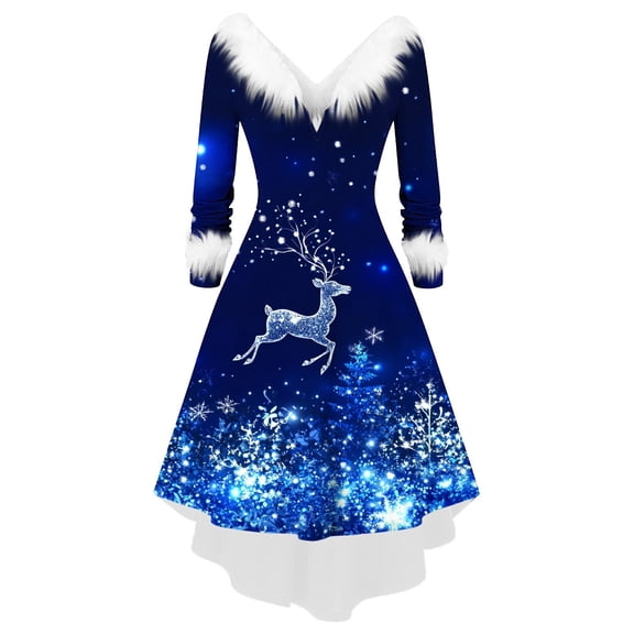 qelini Christmas Party Dress for Women Long Sleeve Snowflake Print Furry V Neck A Line Dress Holiday Dresses