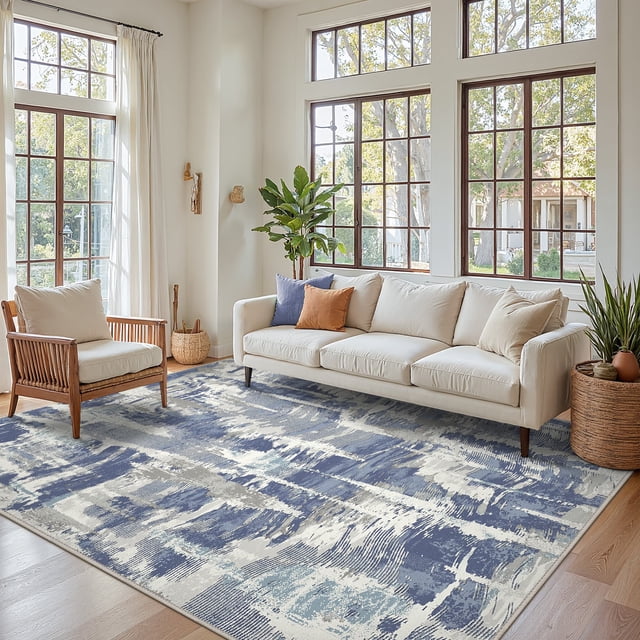 5x7 Area Rugs for Living Room and Bedroom, Machine Washable Non Slip Low Pile Lightweight Print Pattern Rug, Indoor Modern Farmhouse Decor Brush Strokes Dusty Blue