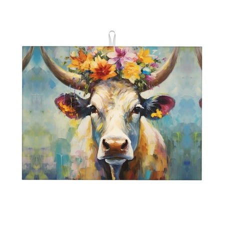 

Dish Drying Mat Oil Painting Flower Cow Highly Absorbent Microfiber Drying Mat Kitchen Counter or Sink Drawer Liner 16x18 Kitchen Drying Mat Coffee Mat Kitchen Essentials