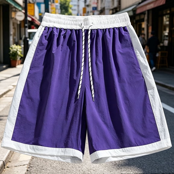 Men's Color Block Quick Dry Shorts 7-Inch, Elastic Waist Drawstring Casual Baggy Swim Trunks with Side Pockets, Lightweight Breathable Summer Beach Shorts Purple