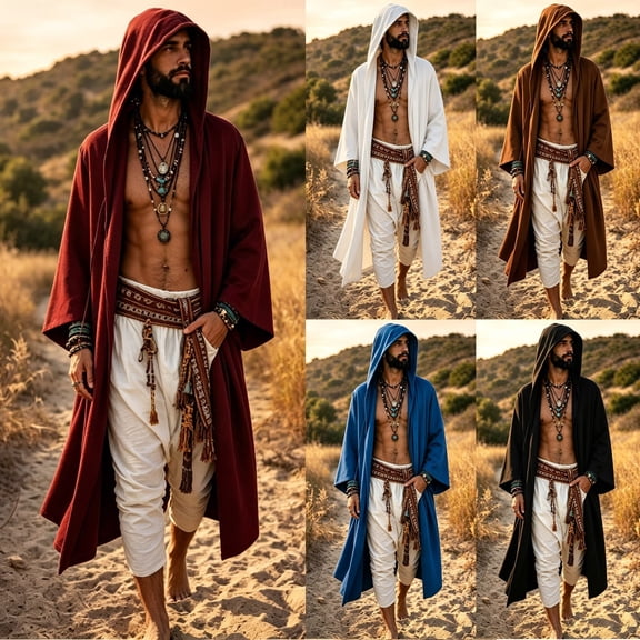 HuangHuanChen Mens Renaissance Shawl Cape Medieval Samurai Cloak Warrior Ren Faire Men's Oversized Hooded Coat Halloween Cape Men Shawl Collar Lightweight Open Front Drape Kimono Cardigan Red M