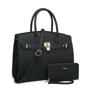 RAGSTO 2 Pieces Women Satchel Handbags and Wallet Set Faux Leather Top Handle Tote Bags with Shoulder Strap, Black-Size L