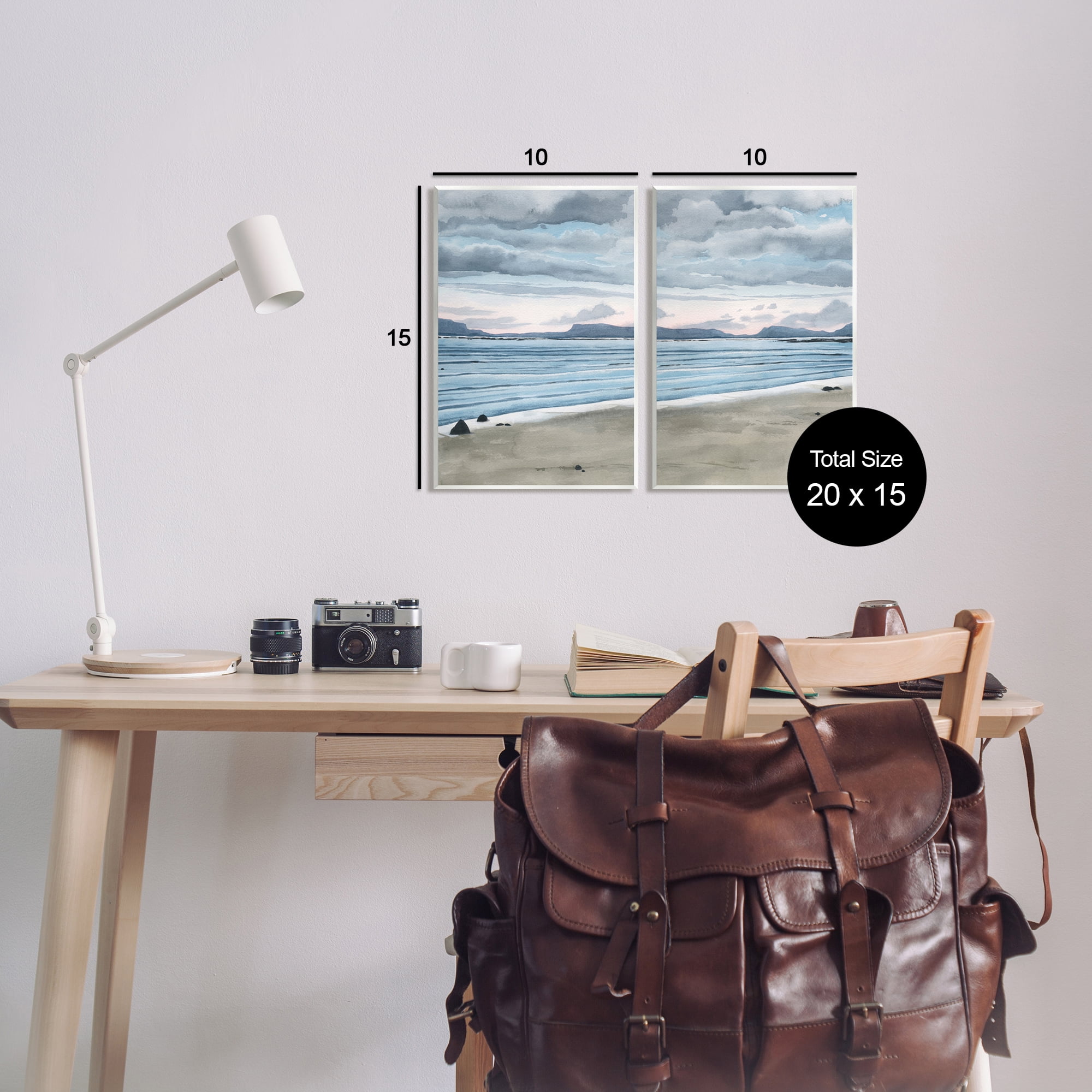 Stupell Cloudy Summer Beach Shore Watercolor Landscape Painting Wall Plaque Unframed Art Print Wall Art, Set of 2