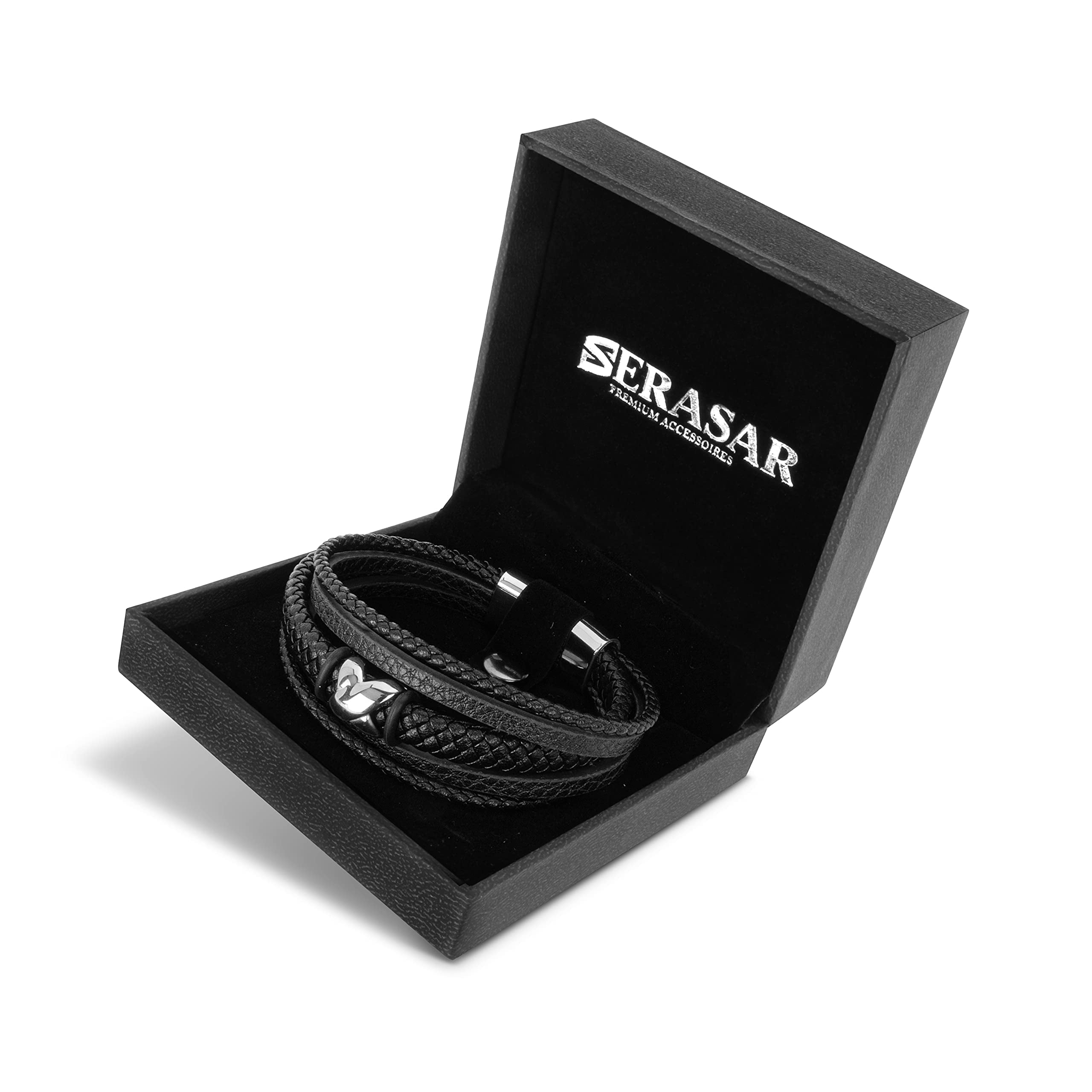 SERASAR Men's Premium Leather Bracelet "Flake" with stainless steel magnetic closure, Silver 17cm, including gift box