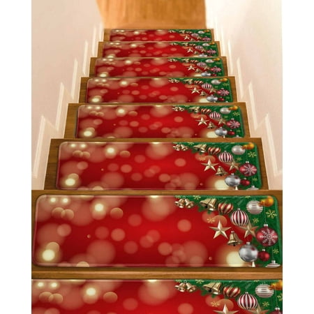 Merry Christmas Stair Treads for Wooden Steps Indoor Runner Rug Carpet Xmas Tree Balls Pine Needles Bells 7 Pieces Peel and Stick Staircase Step Treads Covers Washable Throw Door Mats 30 x8