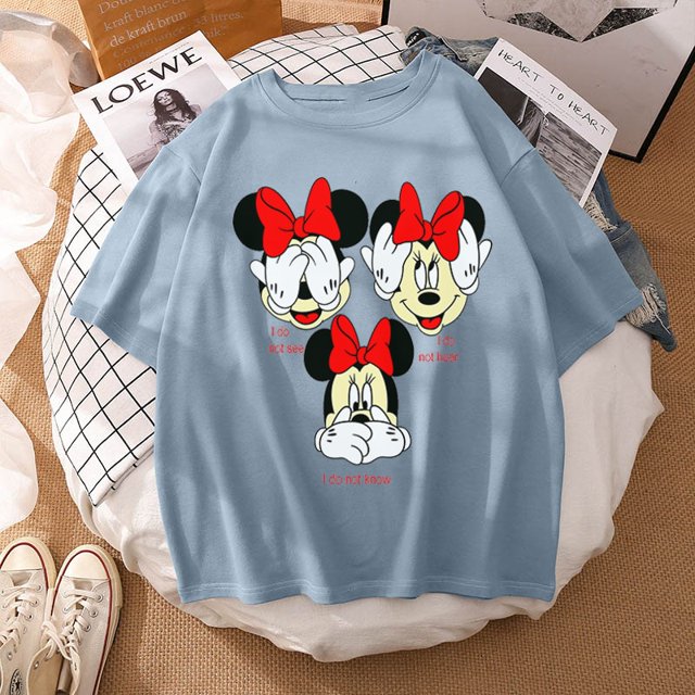 Woman Summer New 2022 Hot Cartoon Disney Mickey And Friends Minnie Mouse Leopard Bow Portrait T-Shirt Short Sleeve Teen TopsM Gao Jinjia LED