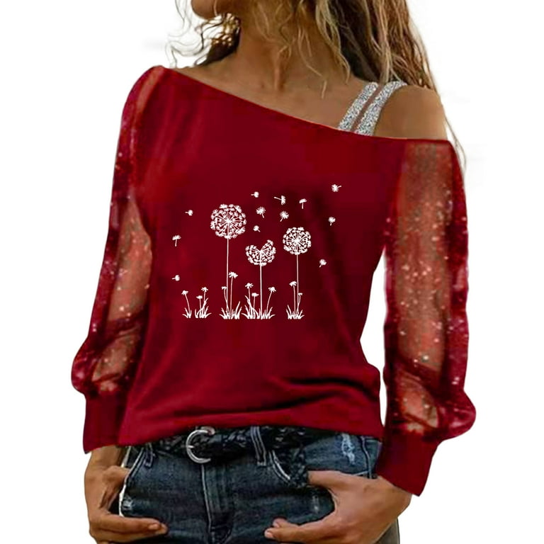WNG Women Casual D Andelion Shoulder Tops Mesh Sleeve Cold Blouse Print Long T-Shirt
