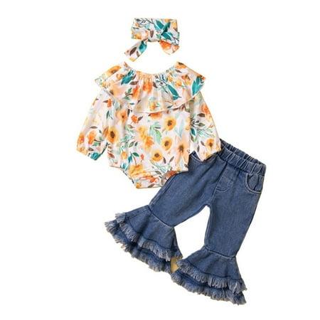 

Zlekejiko Baby Boys Cotton Floral Autumn Long Sleeve Pants Romper Bodysuit Bell Bottom Headbands Set Clothes