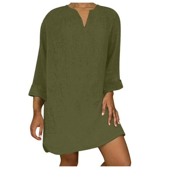 Odeerbi Cotton Linen Dress for Women Summer Plus Size Long Sleeve V-Neck Mid Calf Dress Breathable Comfortable Loose Dress Olive Green